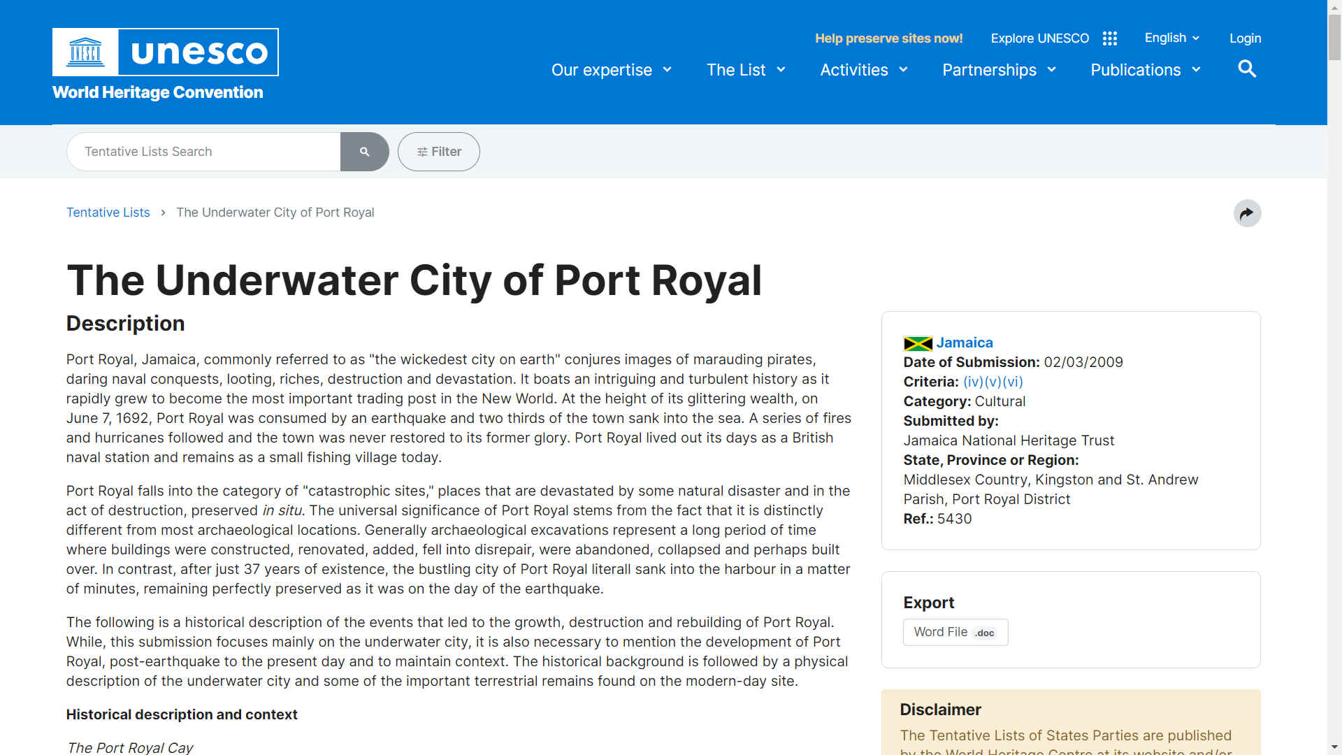 The underwater city of Port Royal is a World Heritage Site contender