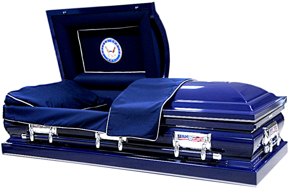 A steel casket finished in blue with velvet interior